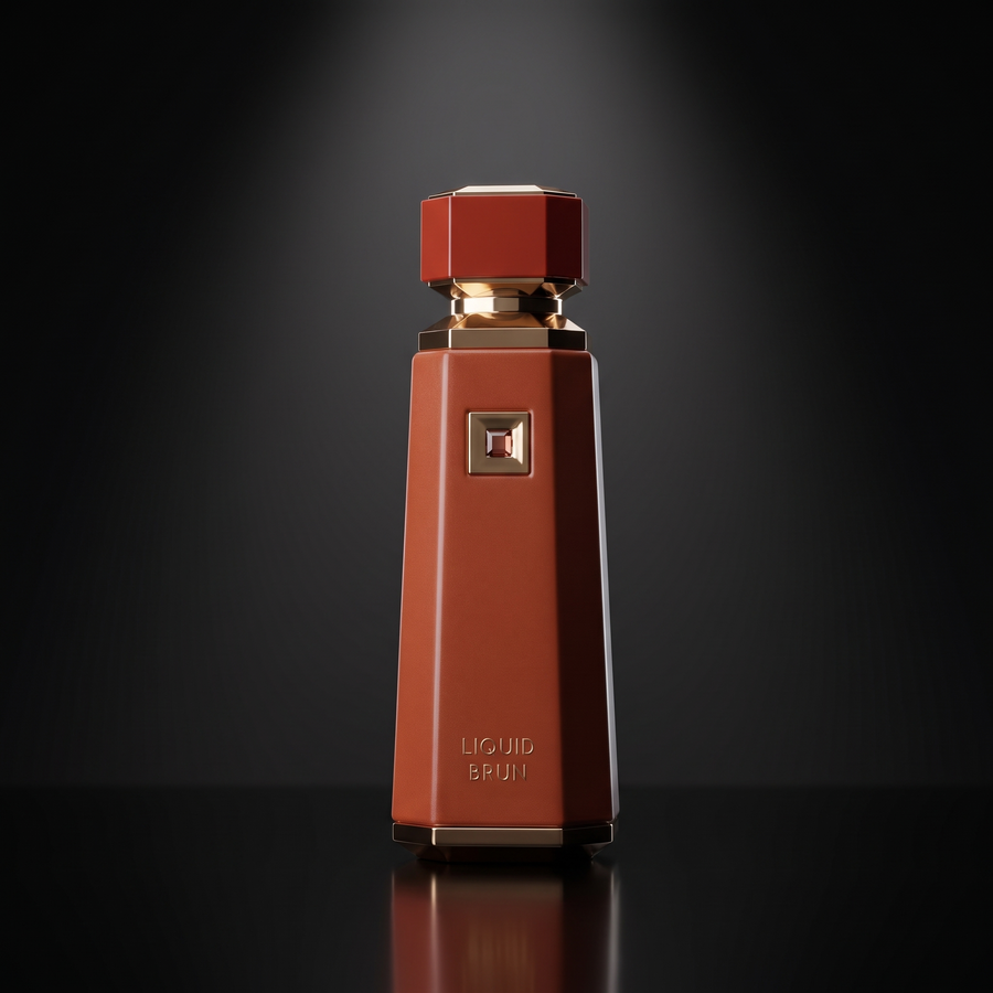 French Avenue Liquid Brun — frasco sobre superficie negra reflectante con fondo carbón
