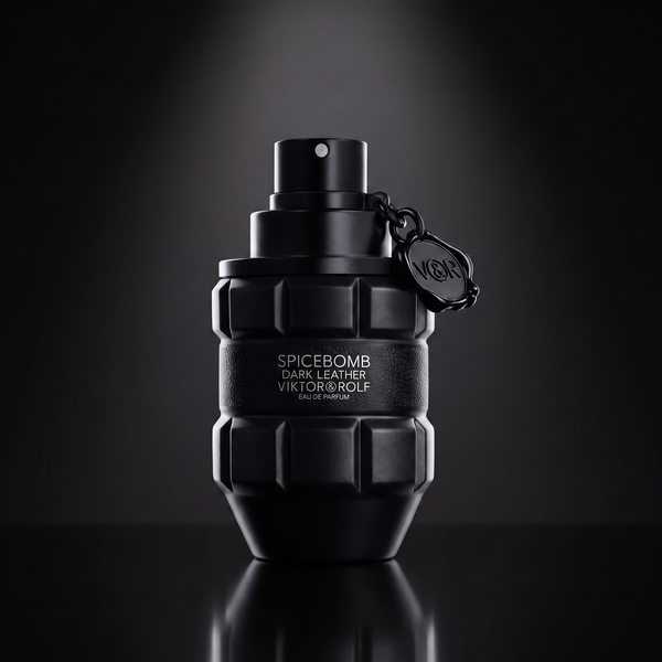 Viktor & Rolf Spicebomb Dark Leather — frasco sobre superficie negra reflectante con fondo carbón