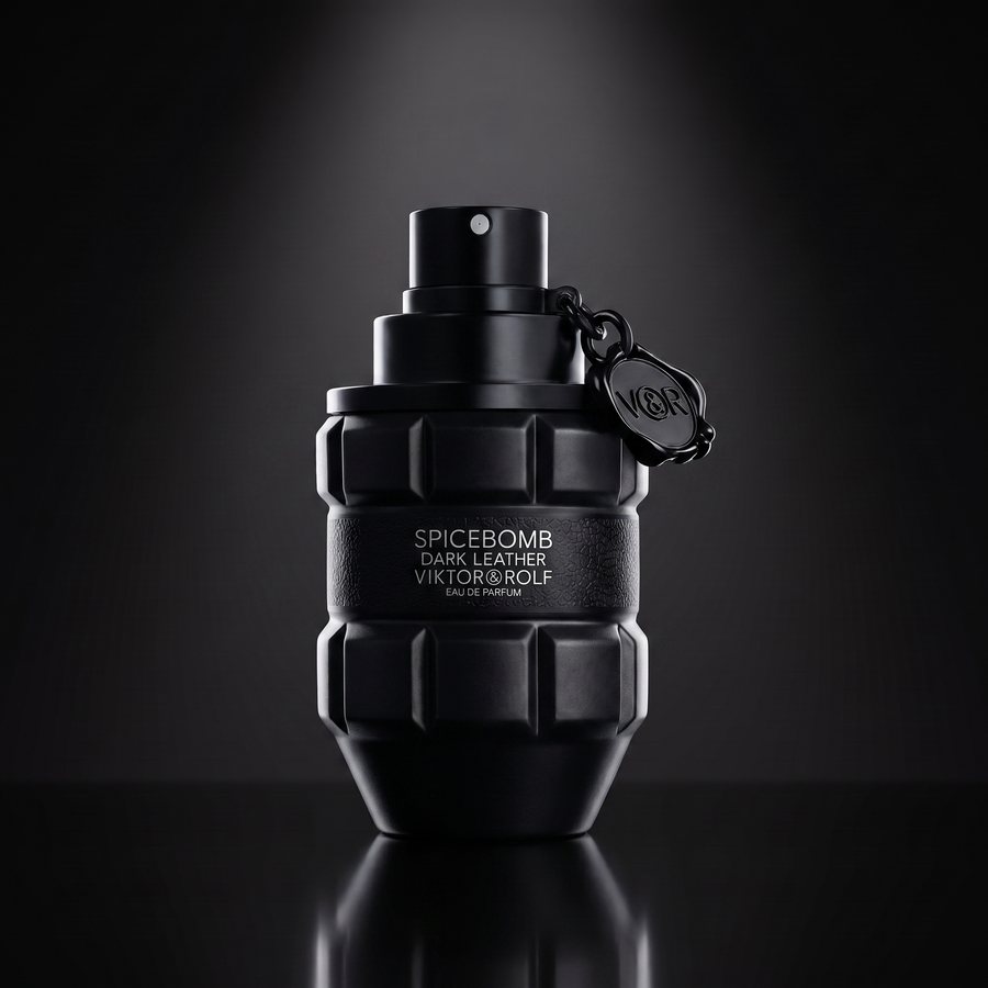 Viktor & Rolf Spicebomb Dark Leather — frasco sobre superficie negra reflectante con fondo carbón
