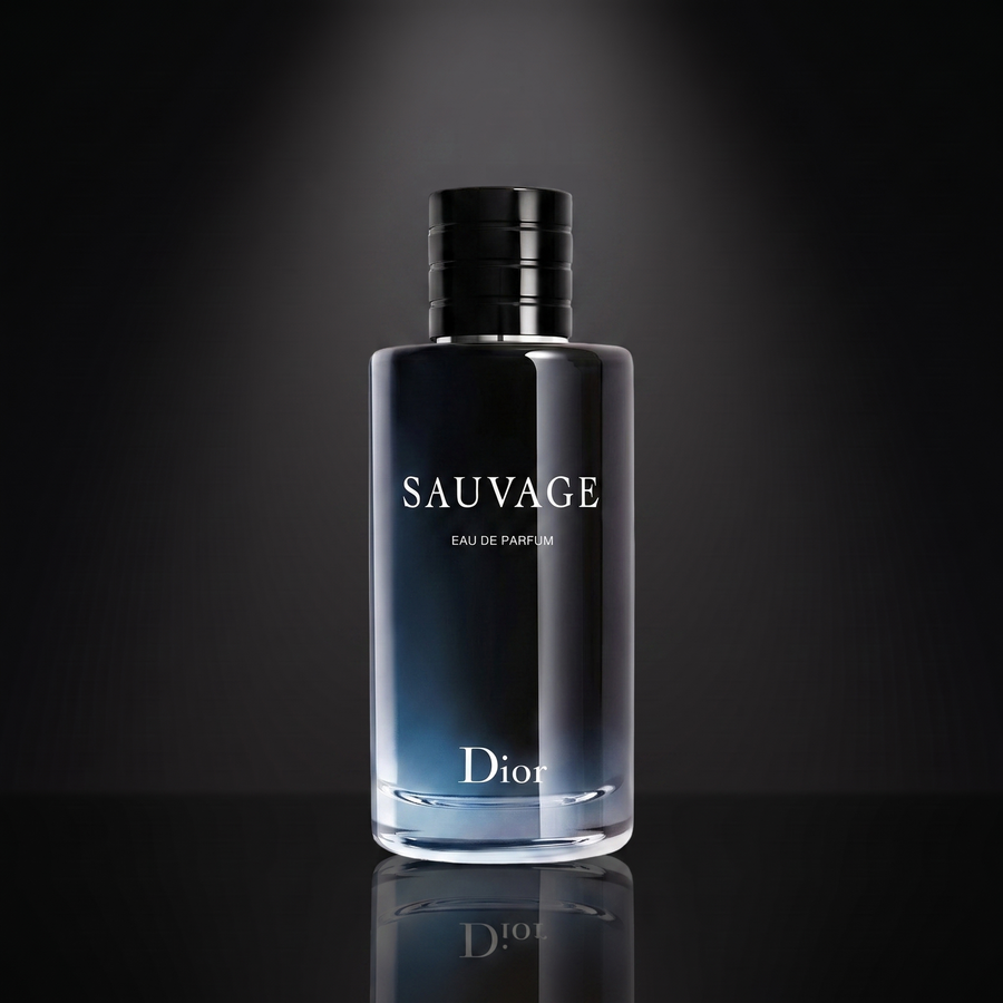 Dior Sauvage EDP — frasco sobre superficie negra reflectante con fondo carbón