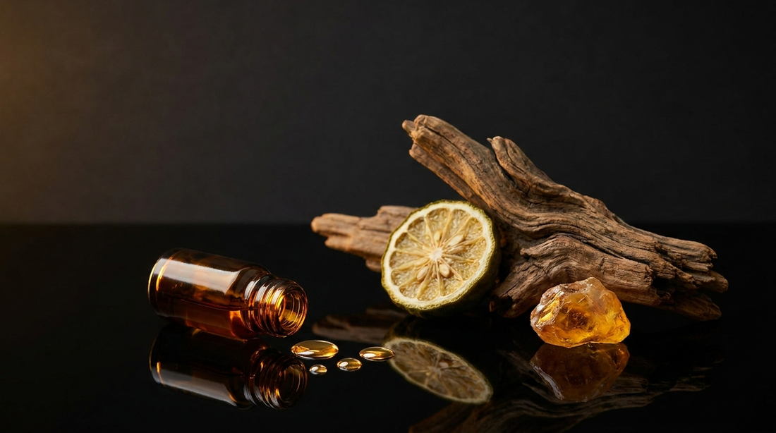 Vial de decant ámbar con ingredientes de perfume sobre fondo negro — El Diario del Club, Parfaria Club