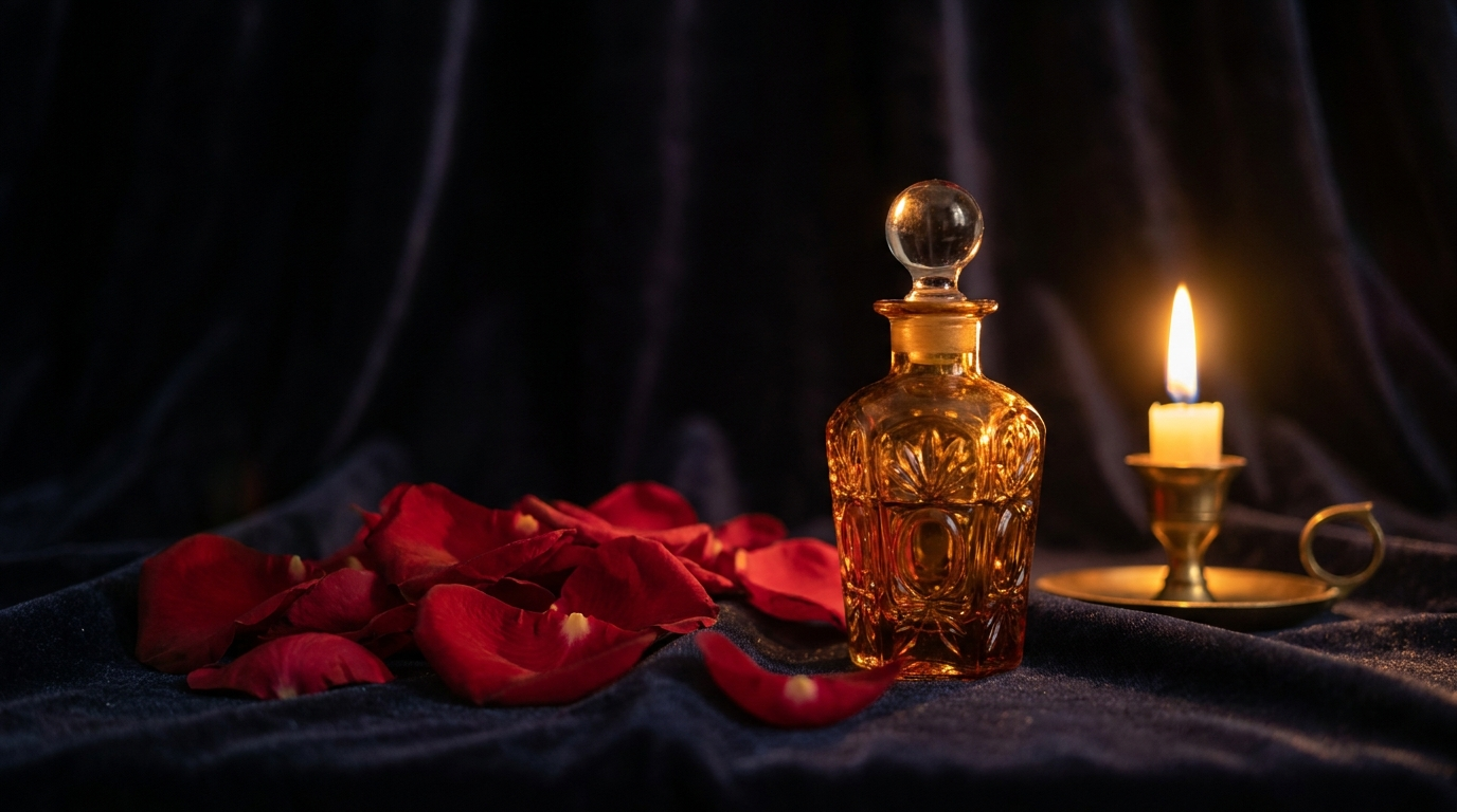 Vial de perfume ámbar con pétalos de rosa oscura, ambiente nocturno — El Diario del Club, Parfaria Club