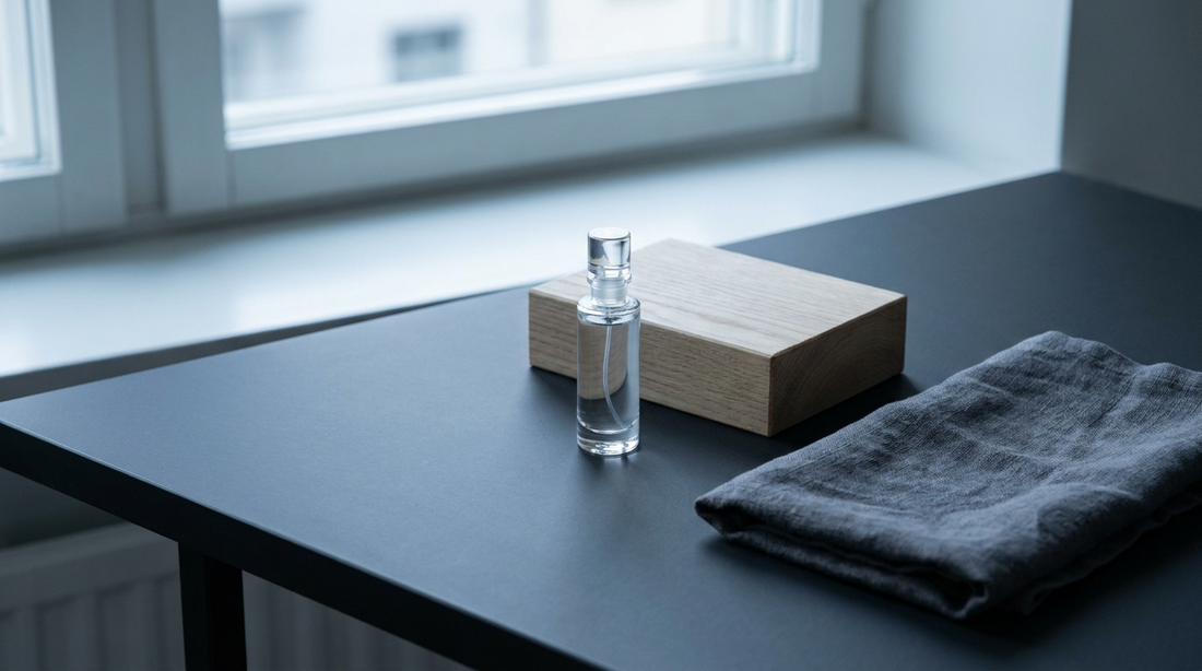 Vial de perfume sobrio con madera clara y luz de día — El Diario del Club, Parfaria Club