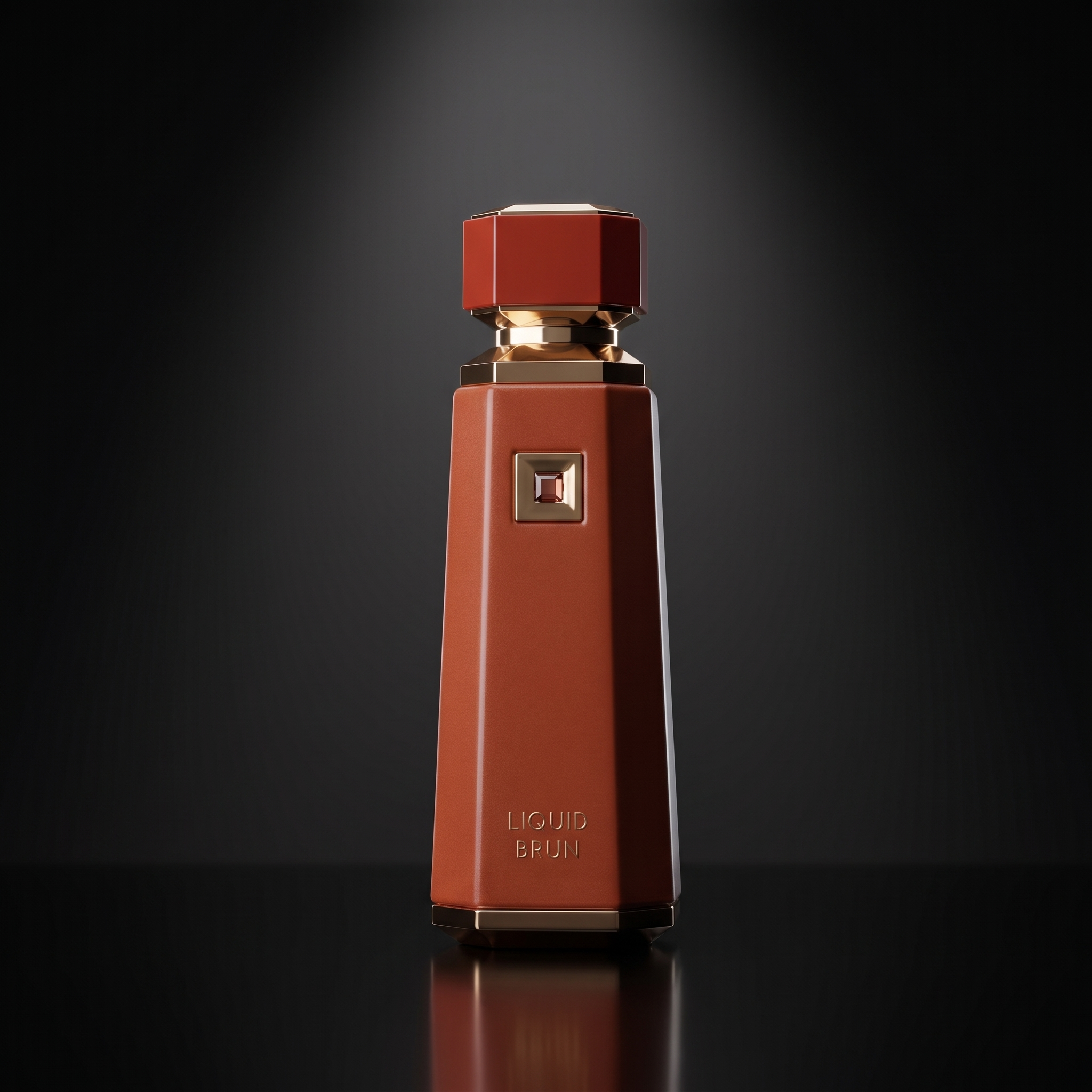 French Avenue Liquid Brun — frasco sobre superficie negra reflectante con fondo carbón