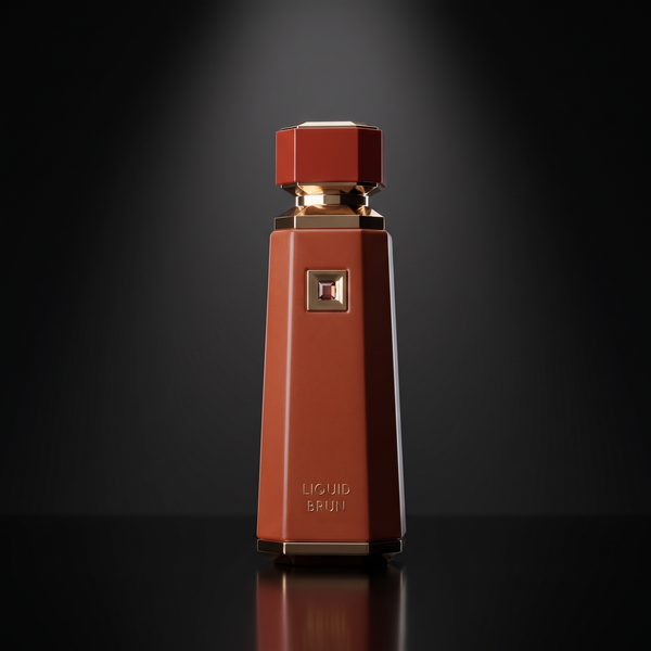 French Avenue Liquid Brun — frasco sobre superficie negra reflectante con fondo carbón