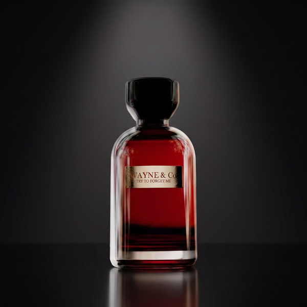 Wayne & Co Try to Forget Me — frasco sobre superficie negra reflectante con fondo carbón