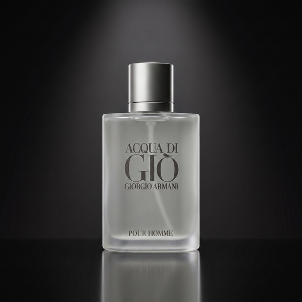 Giorgio Armani Acqua di Giò — frasco sobre superficie negra reflectante con fondo carbón