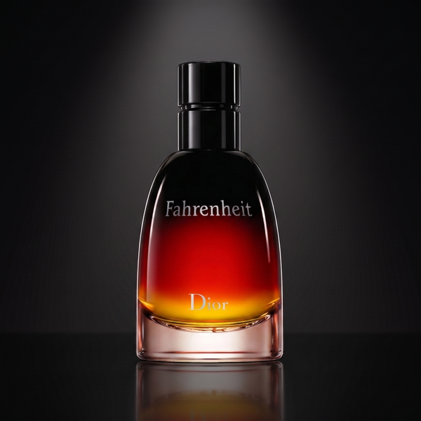 Dior Fahrenheit Parfum — frasco sobre superficie negra reflectante con fondo carbón