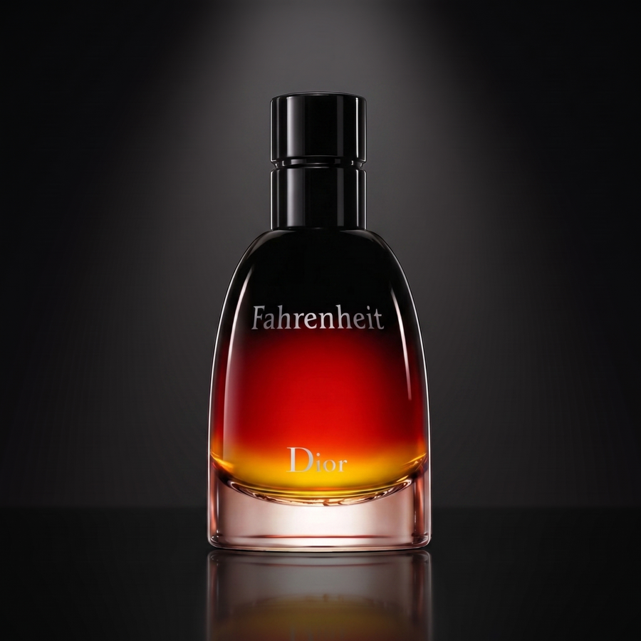 Dior Fahrenheit Parfum — frasco sobre superficie negra reflectante con fondo carbón
