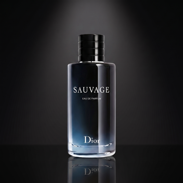 Dior Sauvage EDP — frasco sobre superficie negra reflectante con fondo carbón