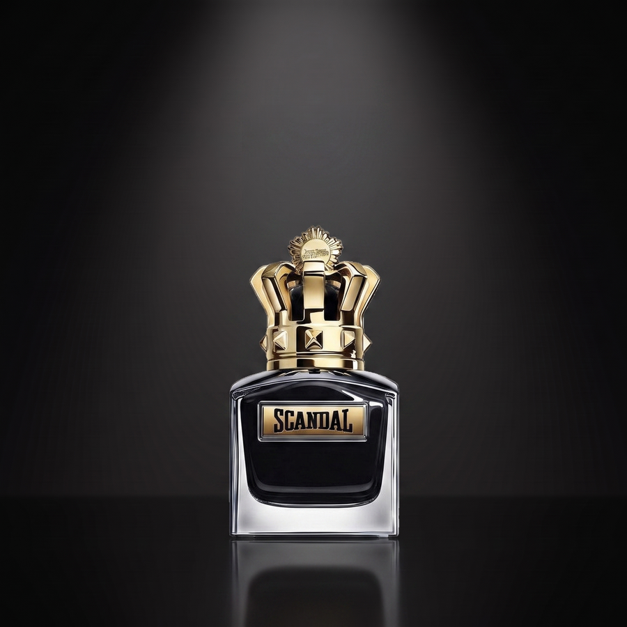 JPG Scandal Le Parfum — frasco sobre superficie negra reflectante con fondo carbón