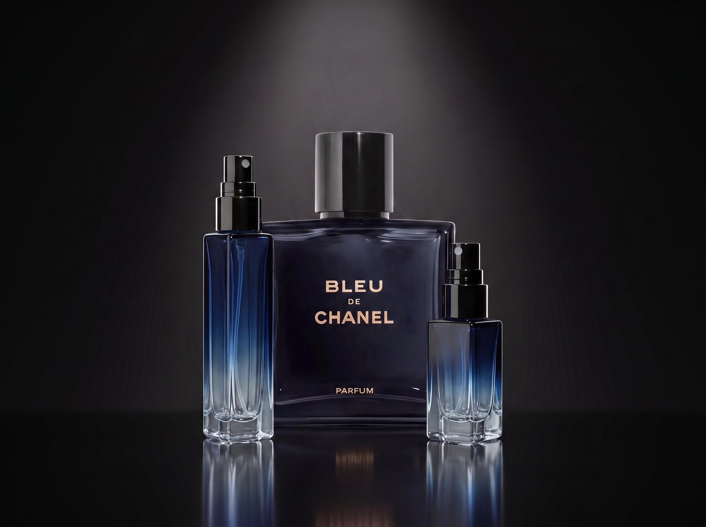Bleu de Chanel — frasco original junto a los decants de 5 y 10 ml, Parfaria Club