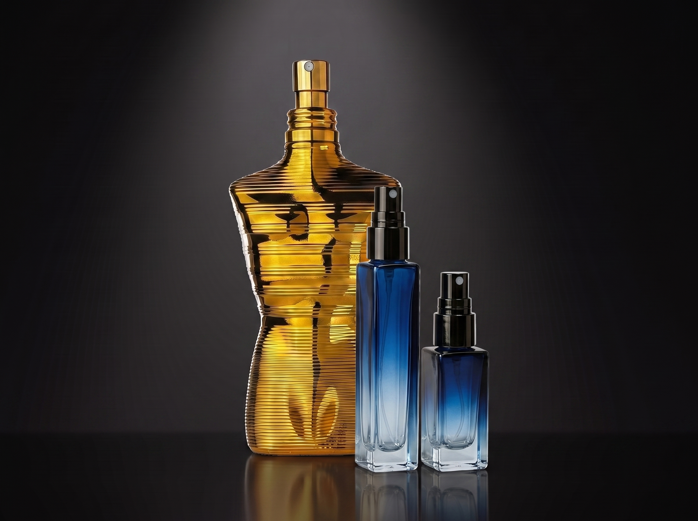 JPG Le Male Elixir Absolu — frasco original junto a los decants de 5 y 10 ml, Parfaria Club