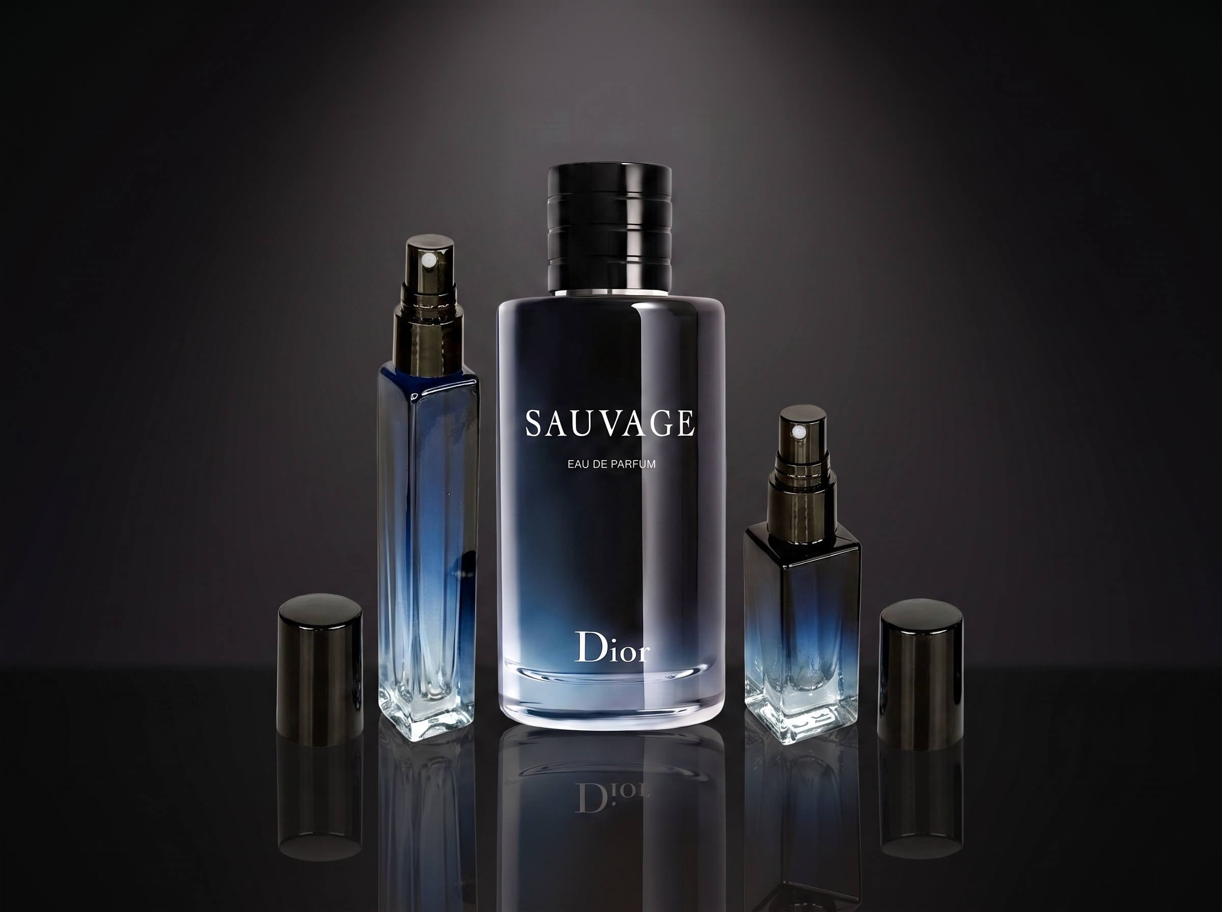 Dior Sauvage EDP — frasco original junto a los decants de 5 y 10 ml, Parfaria Club