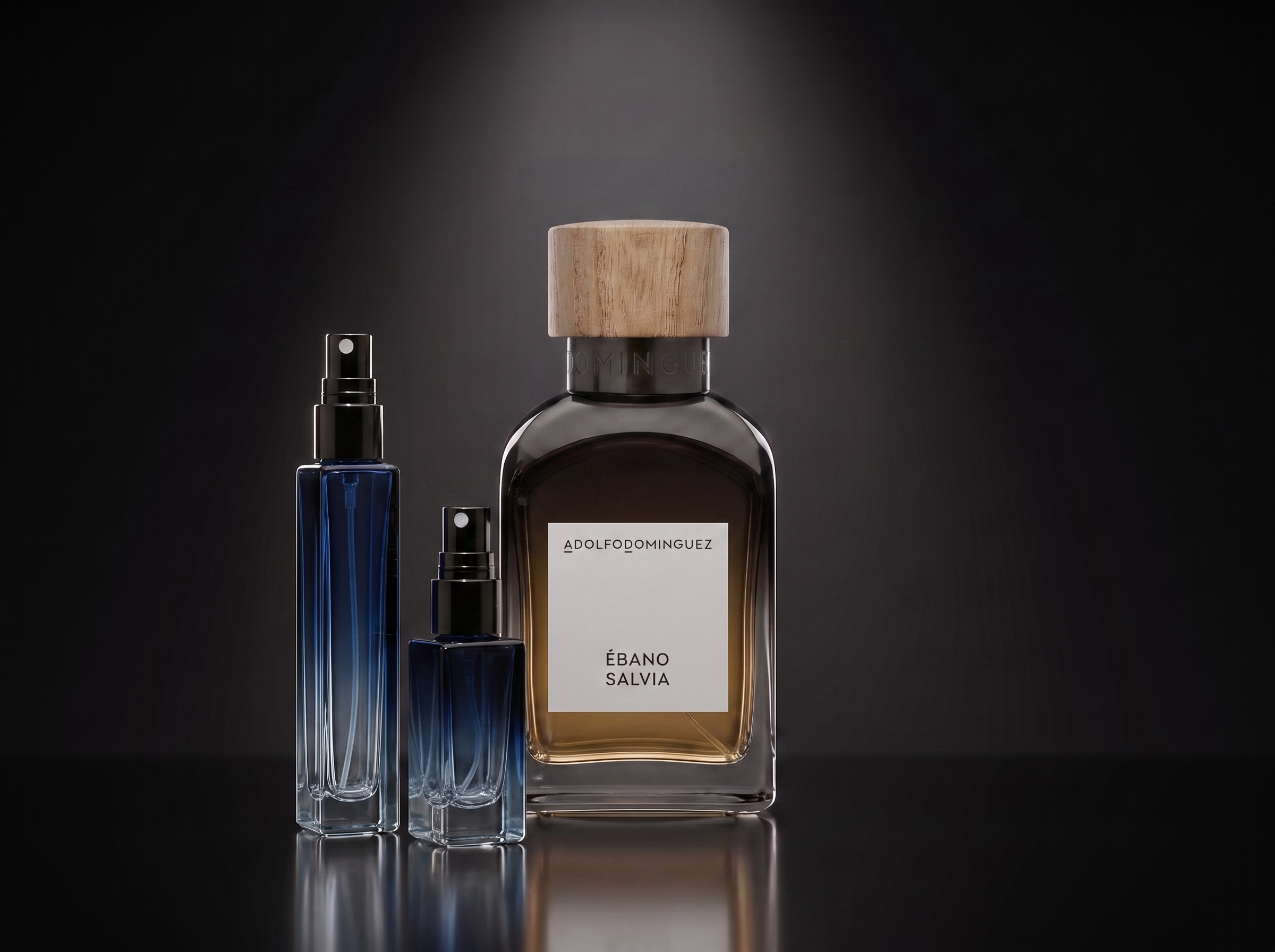 Adolfo Dominguez Ebano Salvia — frasco original junto a los decants de 5 y 10 ml, Parfaria Club